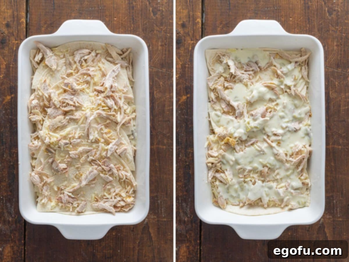 Completed layers of white chicken enchilada casserole before the final cheese topping.