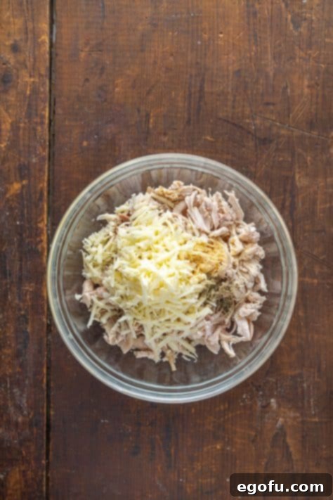 A bowl with shredded chicken, 1 cup of Monterey Jack cheese, garlic powder, salt and pepper mixed together.