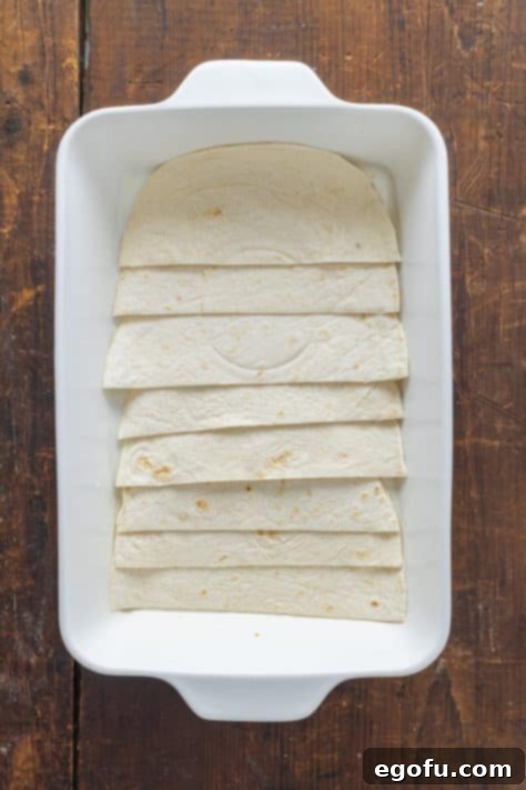 Cut tortillas arranged in a baking dish.