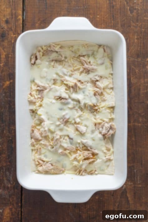 Sauce poured over chicken and tortillas in a baking dish.