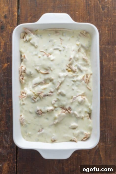 Layered chicken enchilada casserole, showing multiple delicious layers.