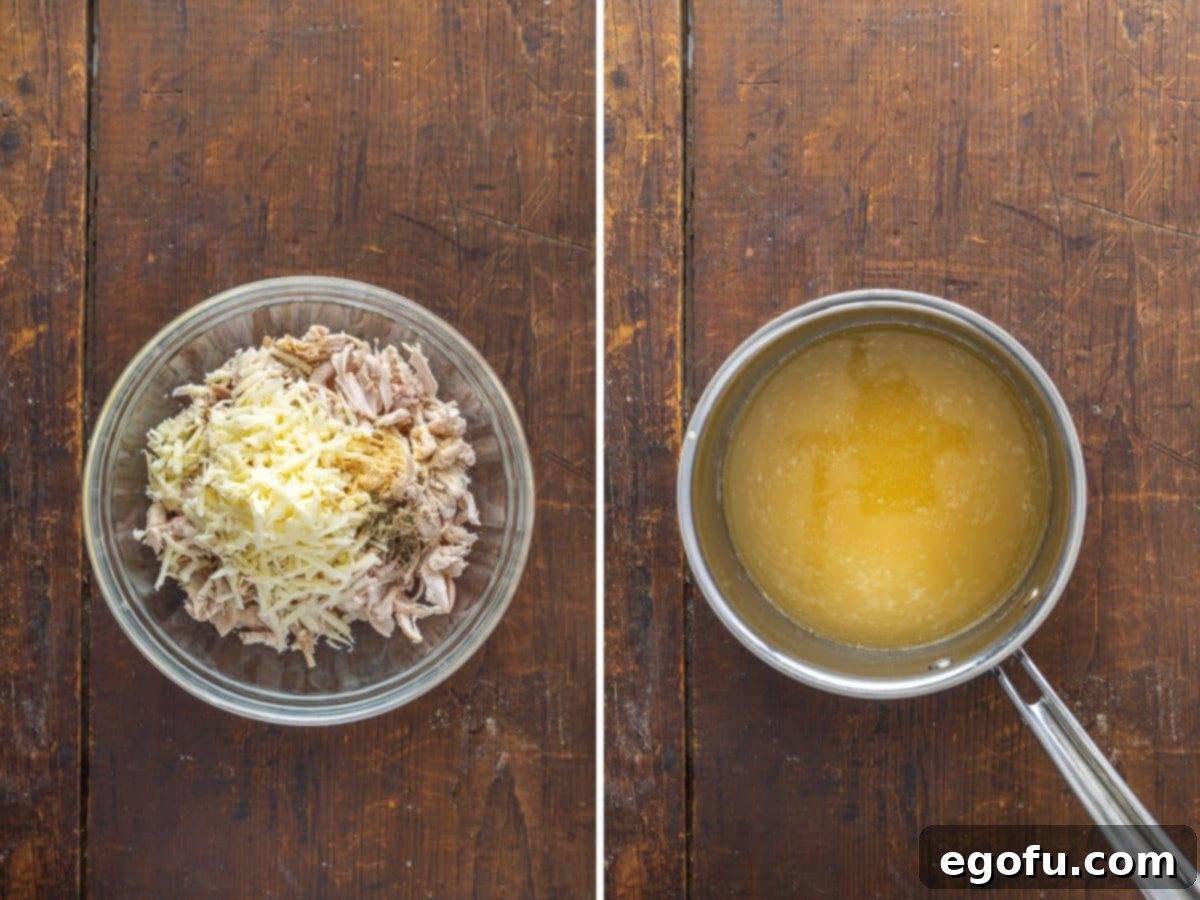 An enchilada mixture in a bowl and some butter and flour being mixed in a saucepan, showing the initial steps of the recipe.