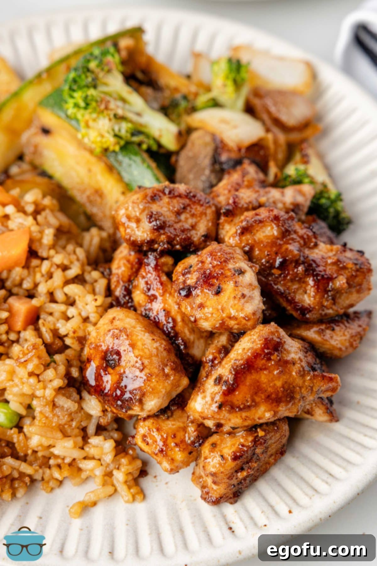 Teppanyaki Grilled Chicken 2 A dinner plate with Hibachi Chicken and veggies.