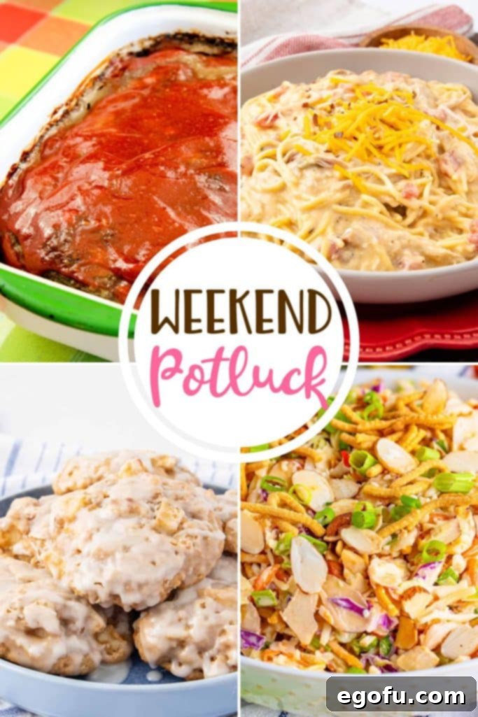 Weekend Potluck featured recipes include: Diced Green Tomatoes in Old Fashioned Meatloaf, Slow Cooker Rotel Cheesy Chicken Spaghetti, Baked Applesauce Fritters and Asian Slaw.