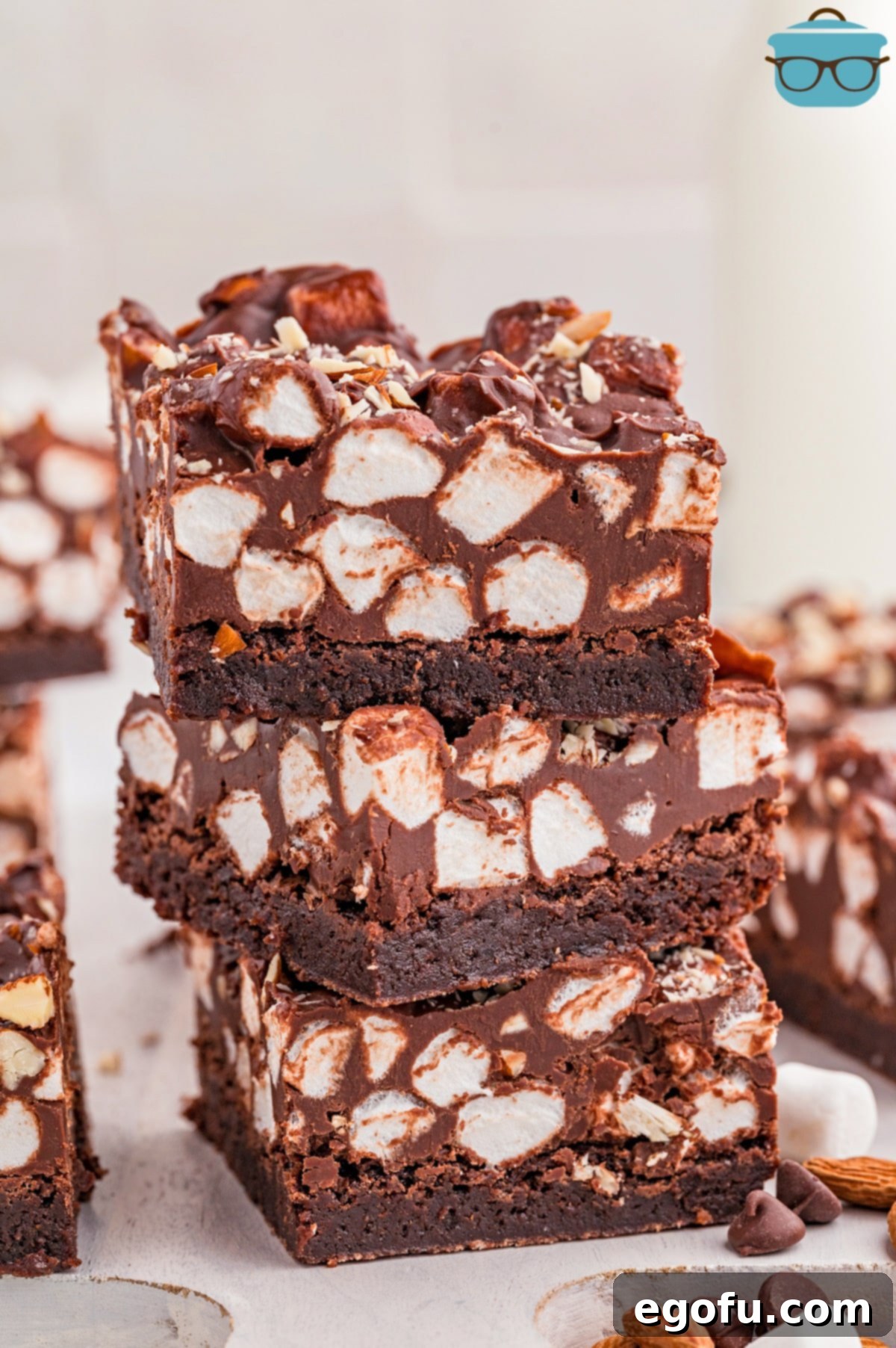 Rocky Road Bliss Bars 11 Three Rocky Road Brownies stacked up, showcasing their layers and deliciousness.
