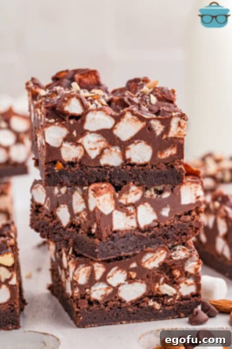 Rocky Road Bliss Bars 20 Three Rocky Road Brownies in a stack.