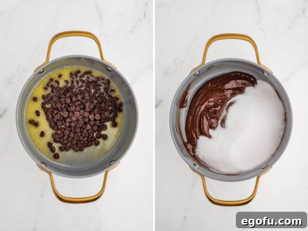 Rocky Road Bliss Bars 5 Butter and chocolate chips melting in a pot, followed by adding cocoa powder and sugar.