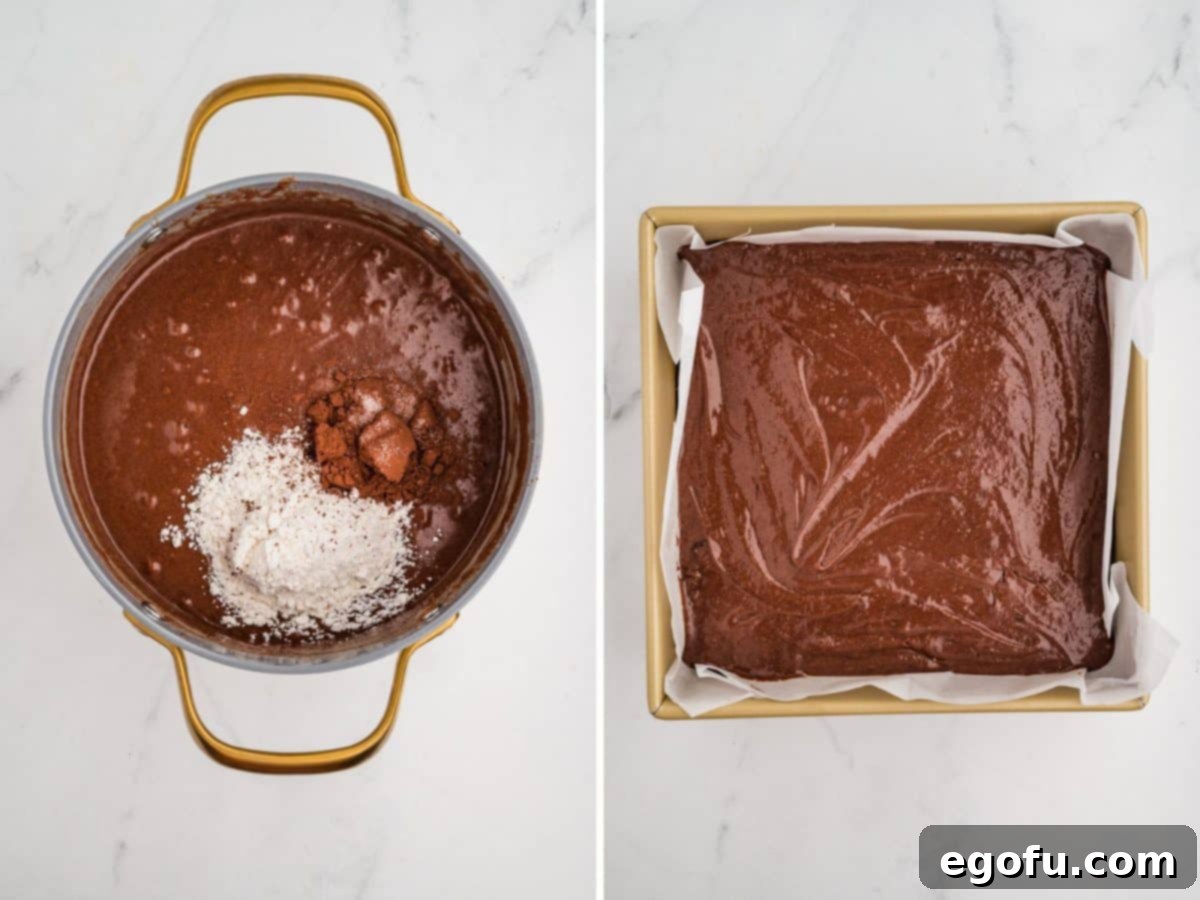 Rocky Road Bliss Bars 7 Flour, cocoa powder, and salt being added to the brownie batter, then the batter poured into a lined baking pan.