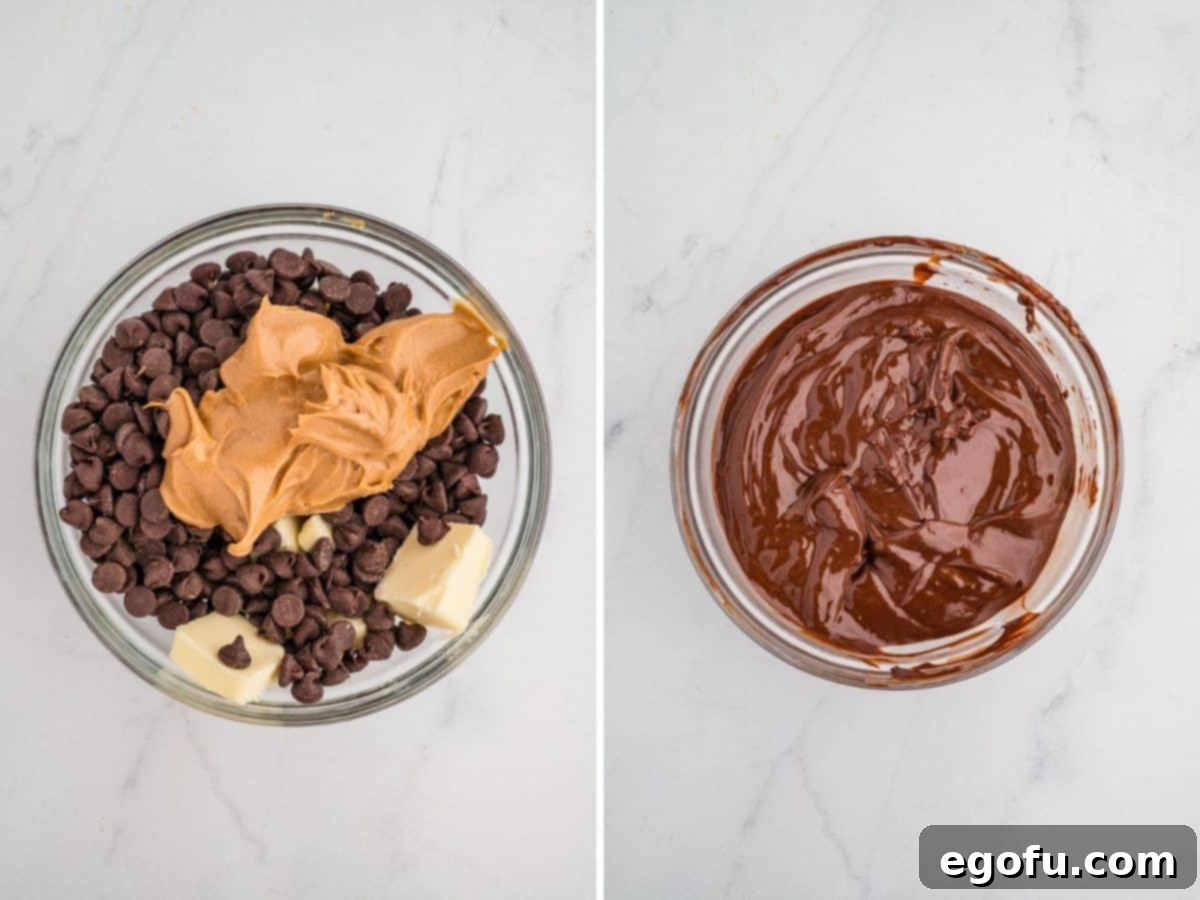 Rocky Road Bliss Bars 8 A bowl with butter, chocolate chips, and peanut butter being mixed together for the topping.