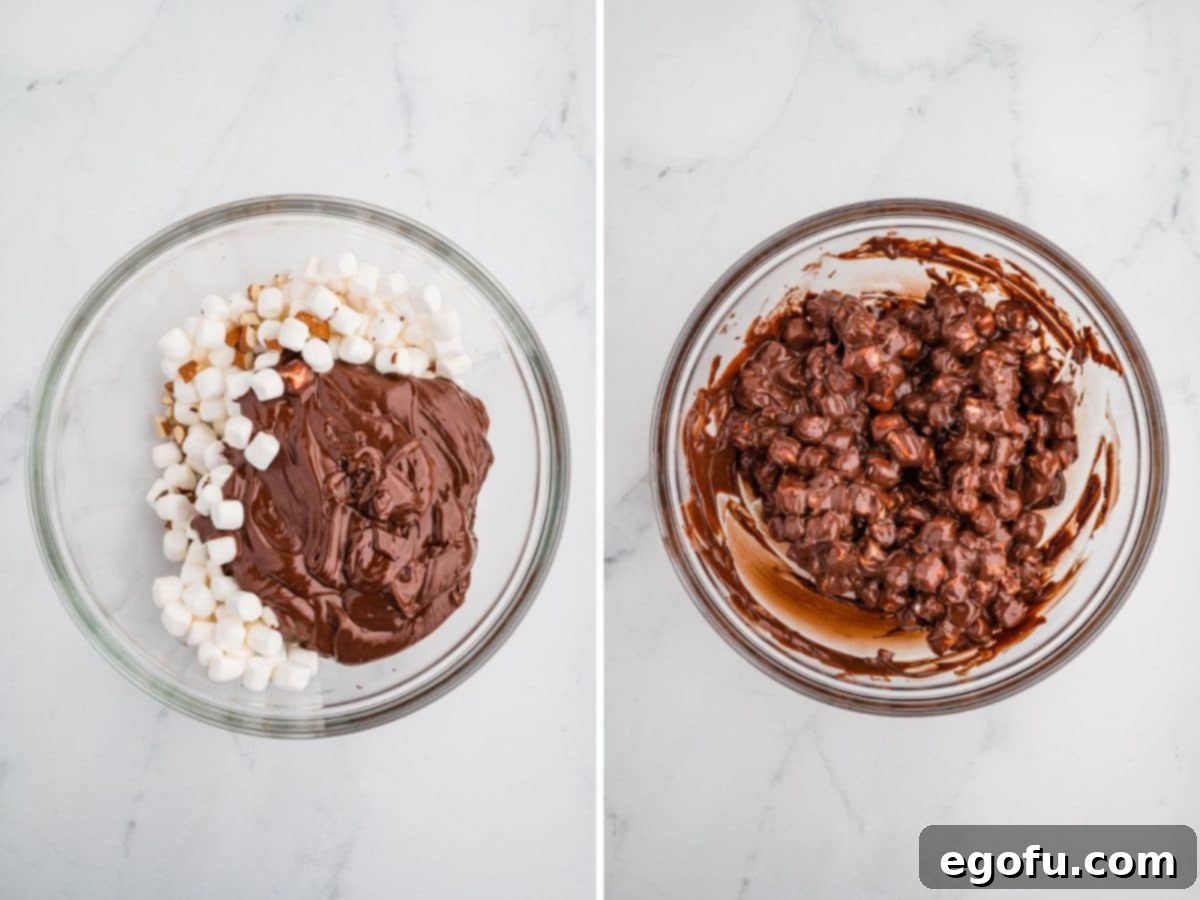 Rocky Road Bliss Bars 9 Nuts and marshmallows being added to the chocolate peanut butter mixture for the Rocky Road topping.