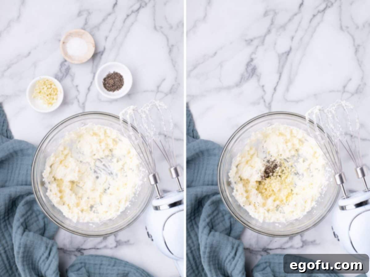 Crispy Jalapeño Wonton Poppers 5 A bowl of cream cheese, salt, pepper, and garlic.