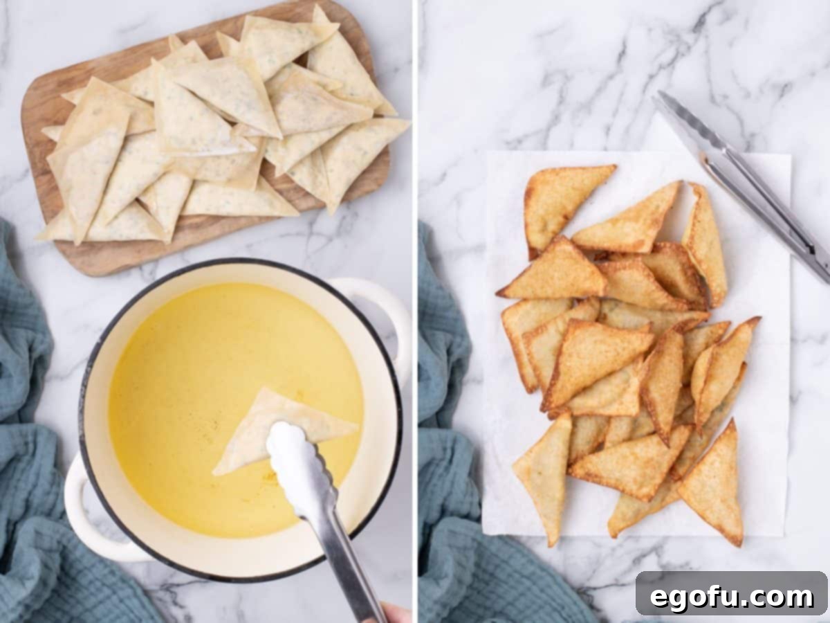 Crispy Jalapeño Wonton Poppers 10 Wontons being fried in vegetable oil.