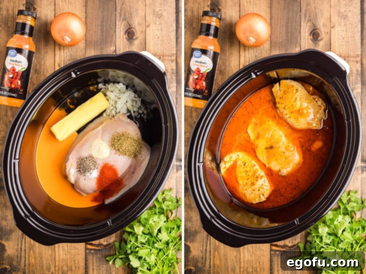 A Crockpot containing raw chicken breasts, butter, buffalo wing sauce, chicken stock, diced onion, and various dried seasonings, ready to be slow-cooked.