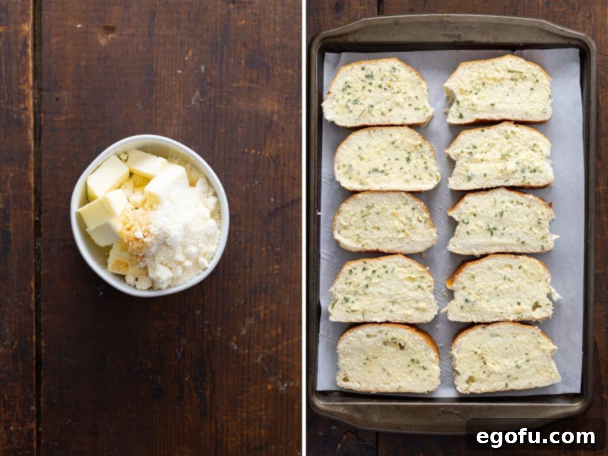 A bowl with butter, minced garlic, salt and parmesan cheese and bread with butter.