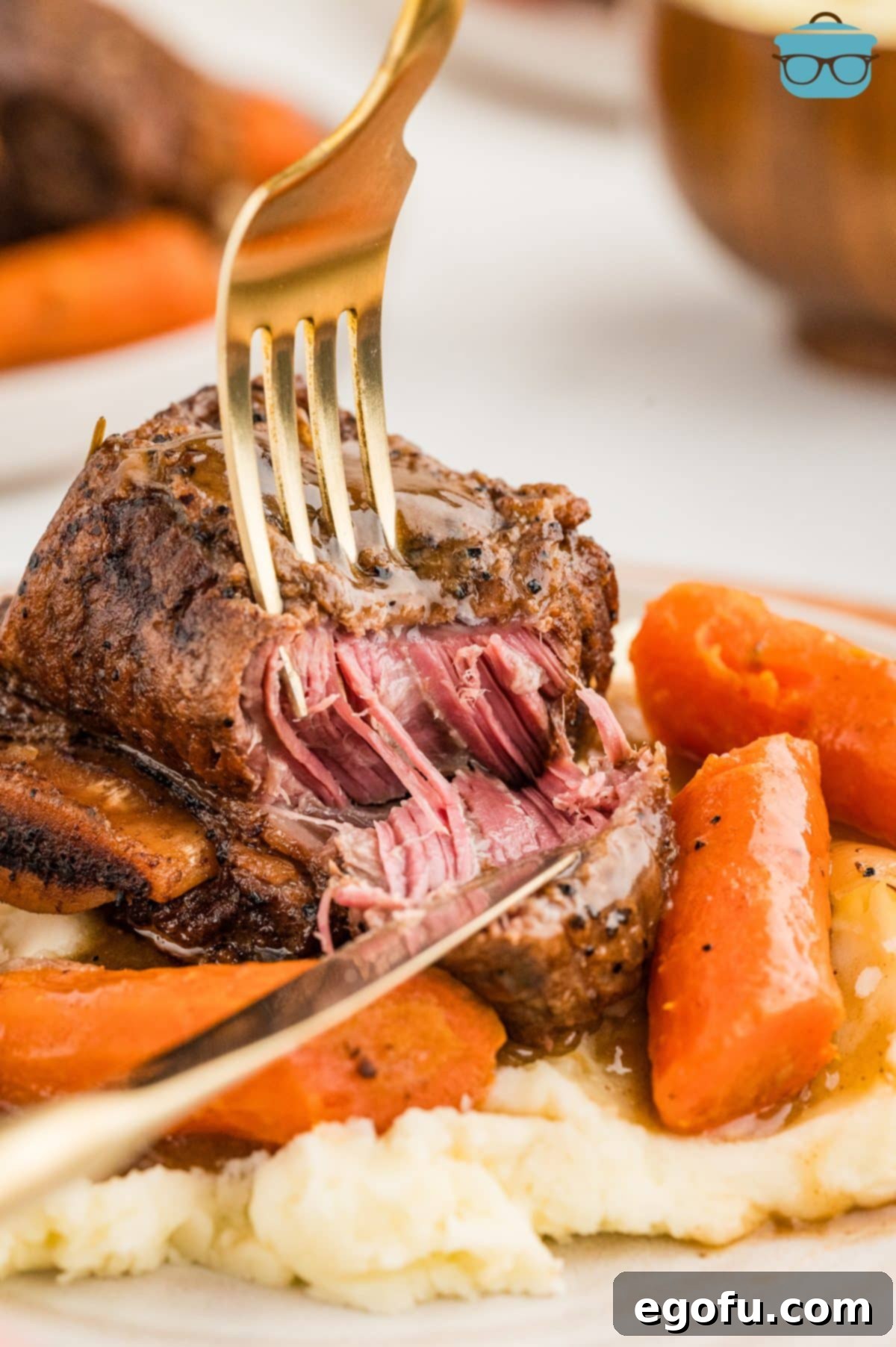 A fork and knife cutting some Crock Pot Short Ribs.