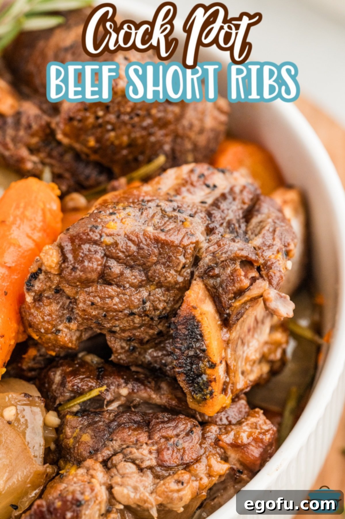 A serving bowl with beef short ribs and carrots.