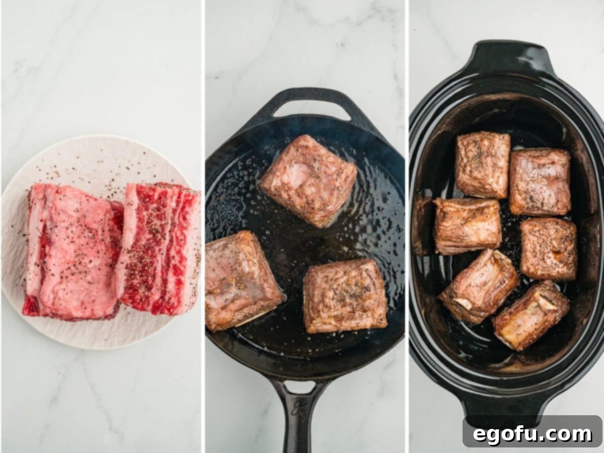 Salt and peppered short ribs on a plate, short ribs in a cast iron skillet, and seared ribs in a Slow Cooker.