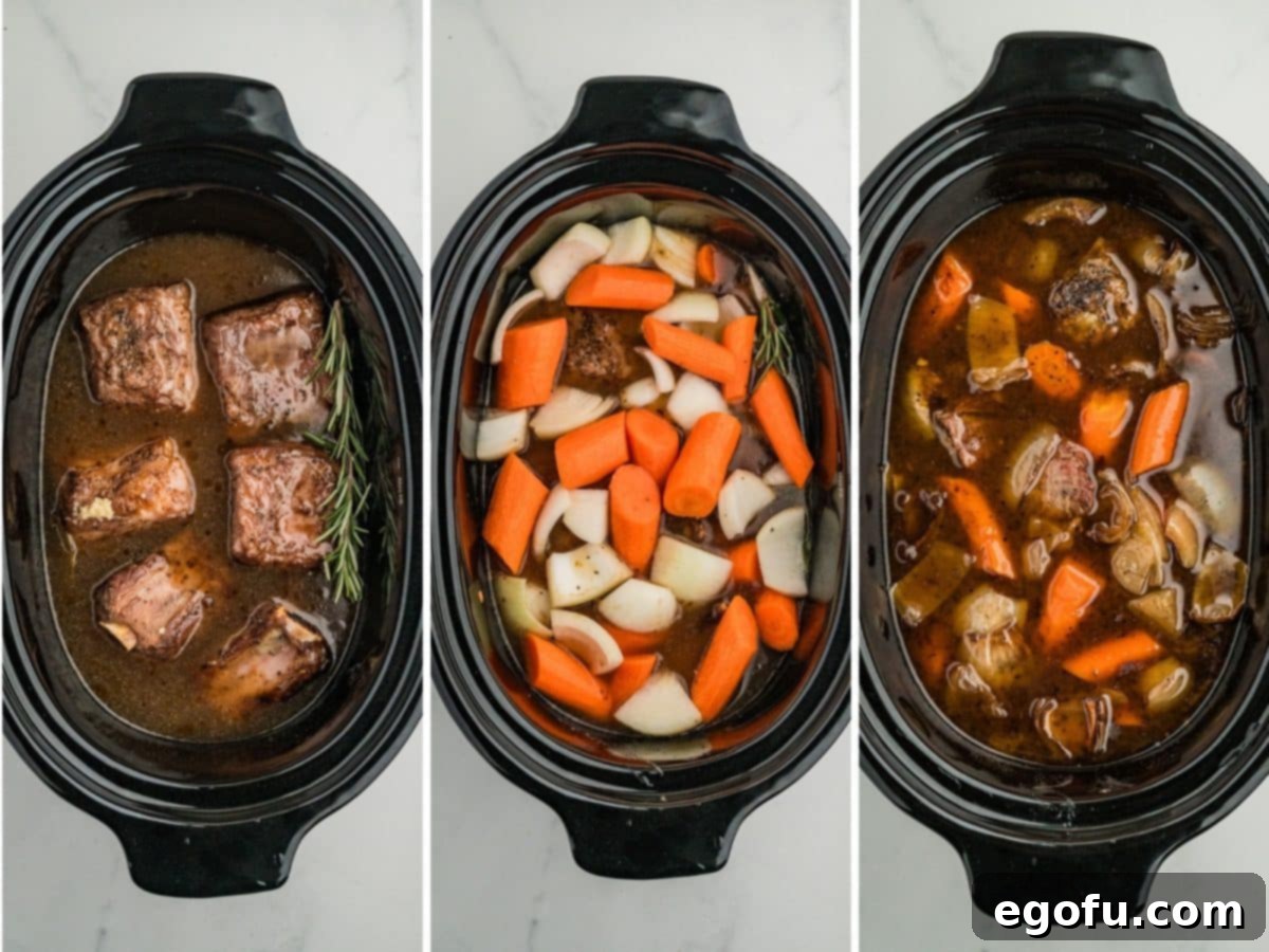 Slow Cooker with ribs, broth, potatoes, and carrots.