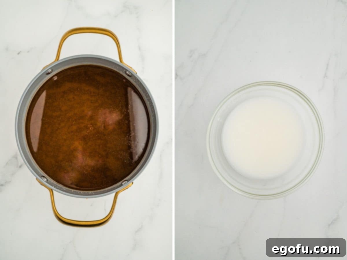 Broth simmering in a pot and a bowl of cornstarch slurry.