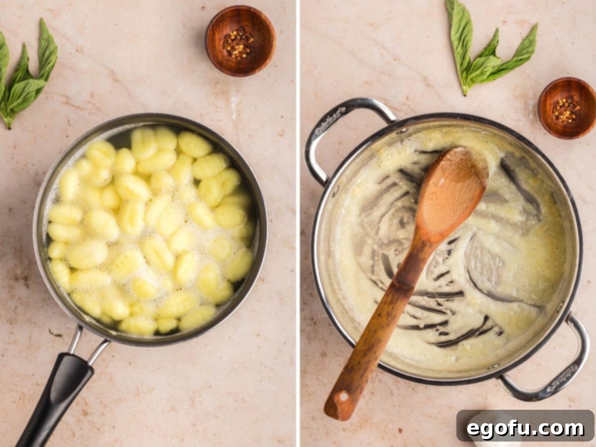 A pot of boiling gnocchi and flour and butter in a skillet.