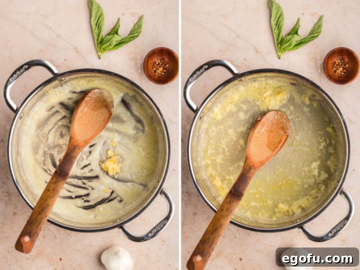 Garlic and chicken stock being added to a skillet.