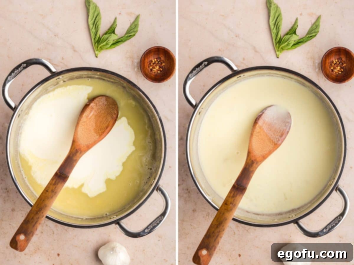 Heavy cream being added to a sauce in a skillet.