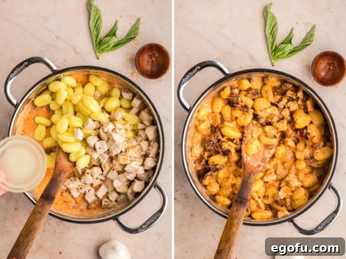Gnocchi and pasta water being added to a skillet dinner.