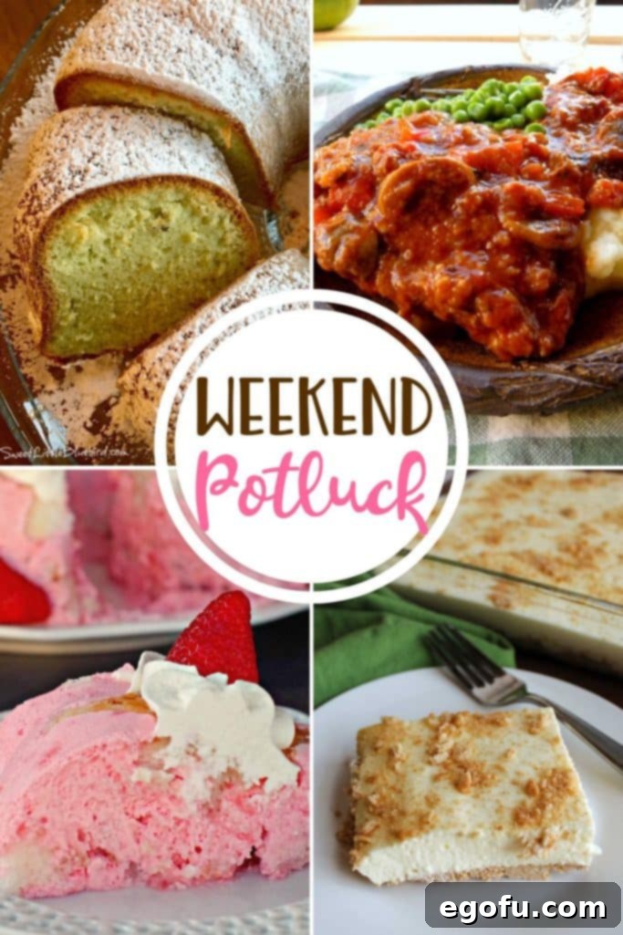 Light and Fluffy Strawberry Jello Angel Food Cake 2 Weekend Potluck featured recipes include: Strawberry Jello Angel Food Cake, Old Fashioned Swiss Steak, No Bake Woolworth Cheesecake Bars and Mrs. D's Pistachio Bundt Cake. A vibrant collage showcasing delicious homemade meals and desserts perfect for family gatherings and celebrations.