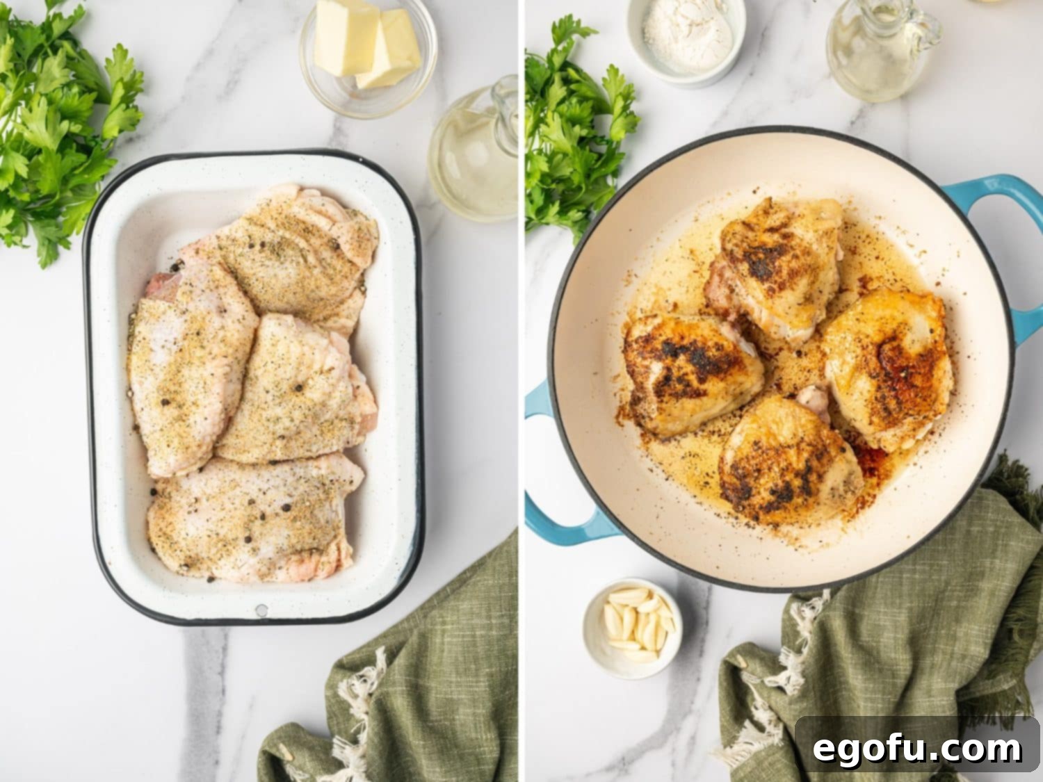 Creamy Garlic Chicken Delight 5 Seasoned chicken thighs ready for searing in a baking dish, alongside a skillet with oil heating up.