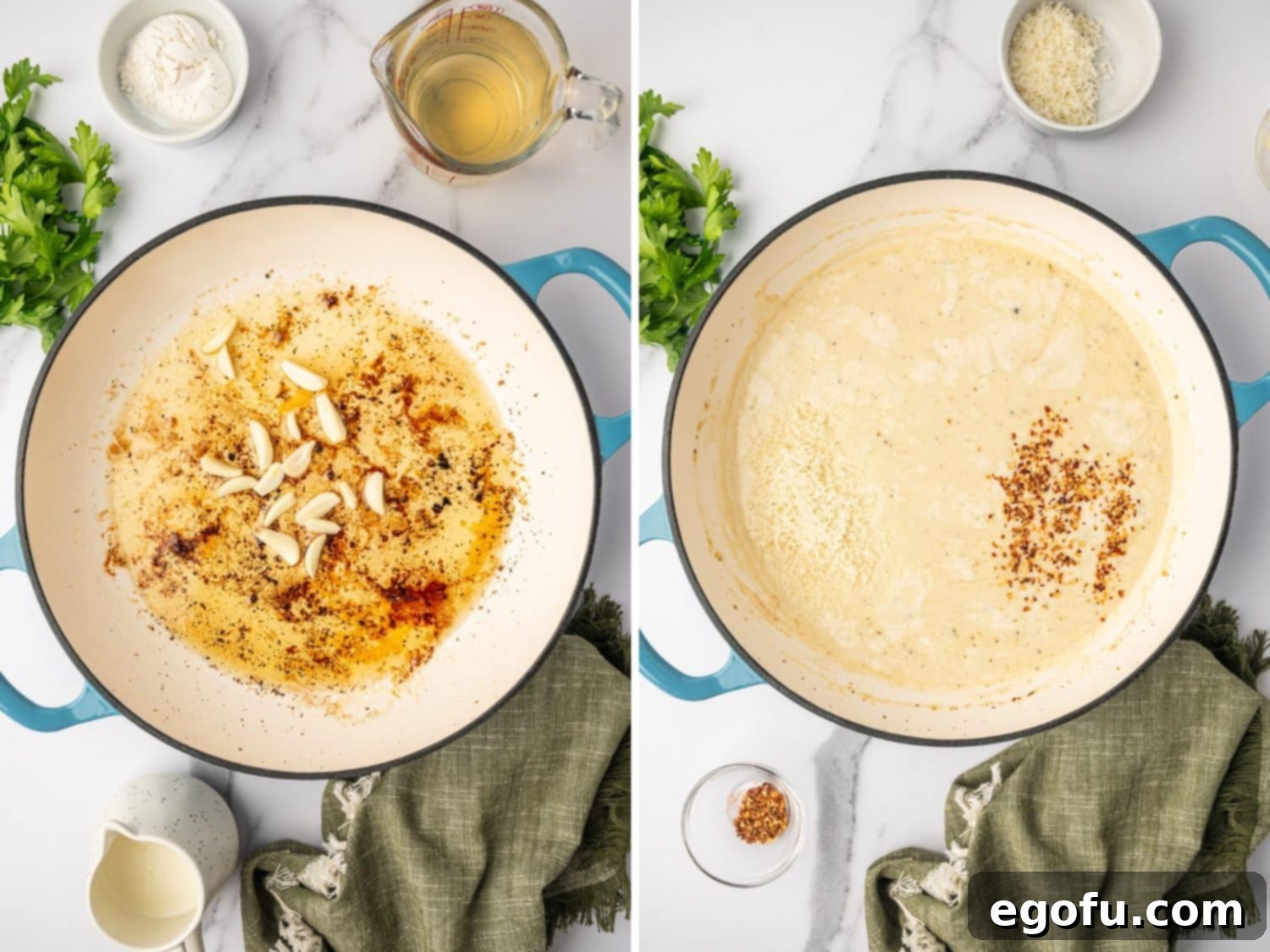 Creamy Garlic Chicken Delight 6 Sliced garlic cloves gently cooking in melted butter in a skillet, filling the kitchen with a wonderful aroma.