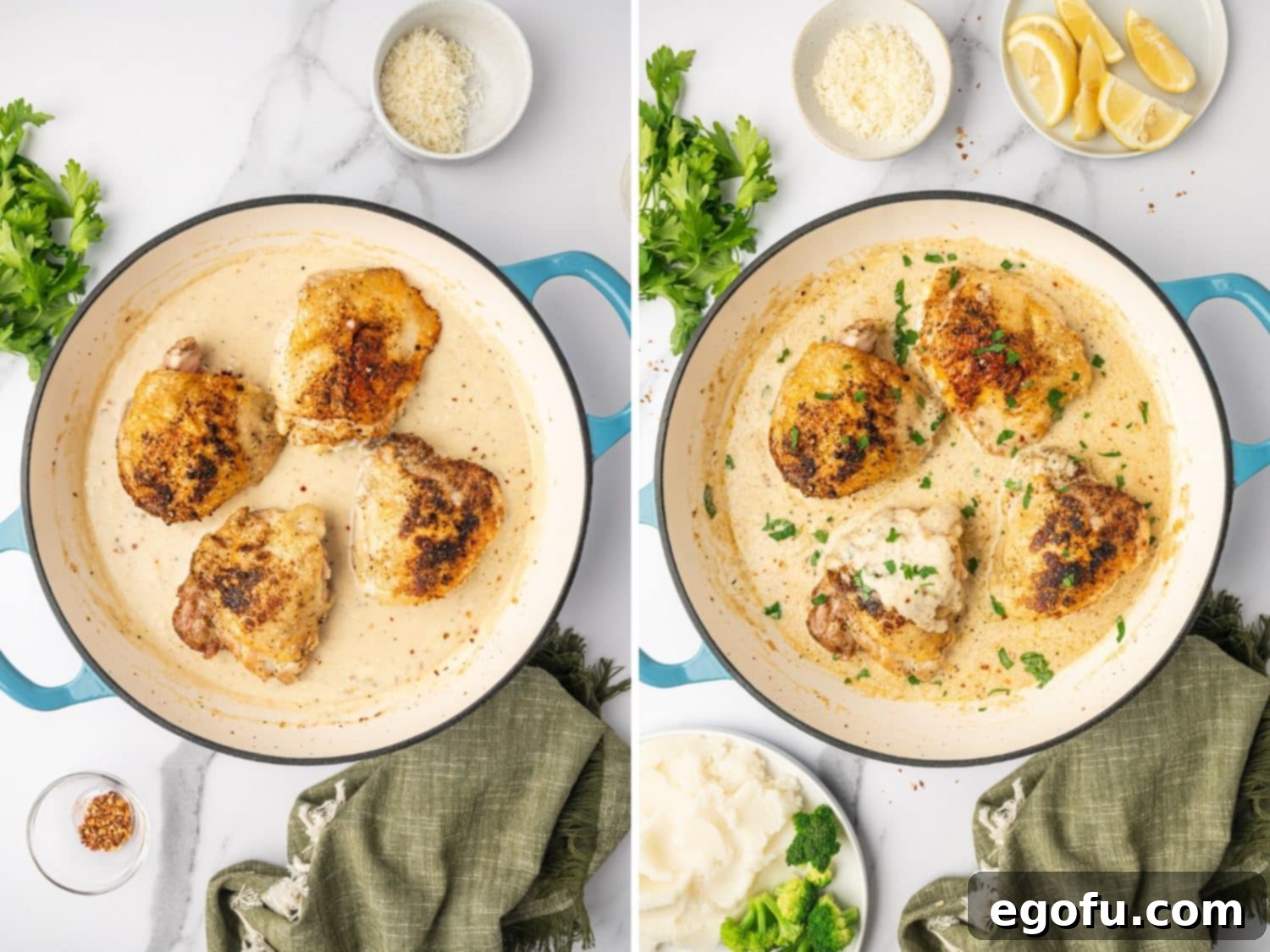 Creamy Garlic Chicken Delight 7 A smooth, white cream sauce bubbling gently in a skillet, enriched with Parmesan cheese and spices.