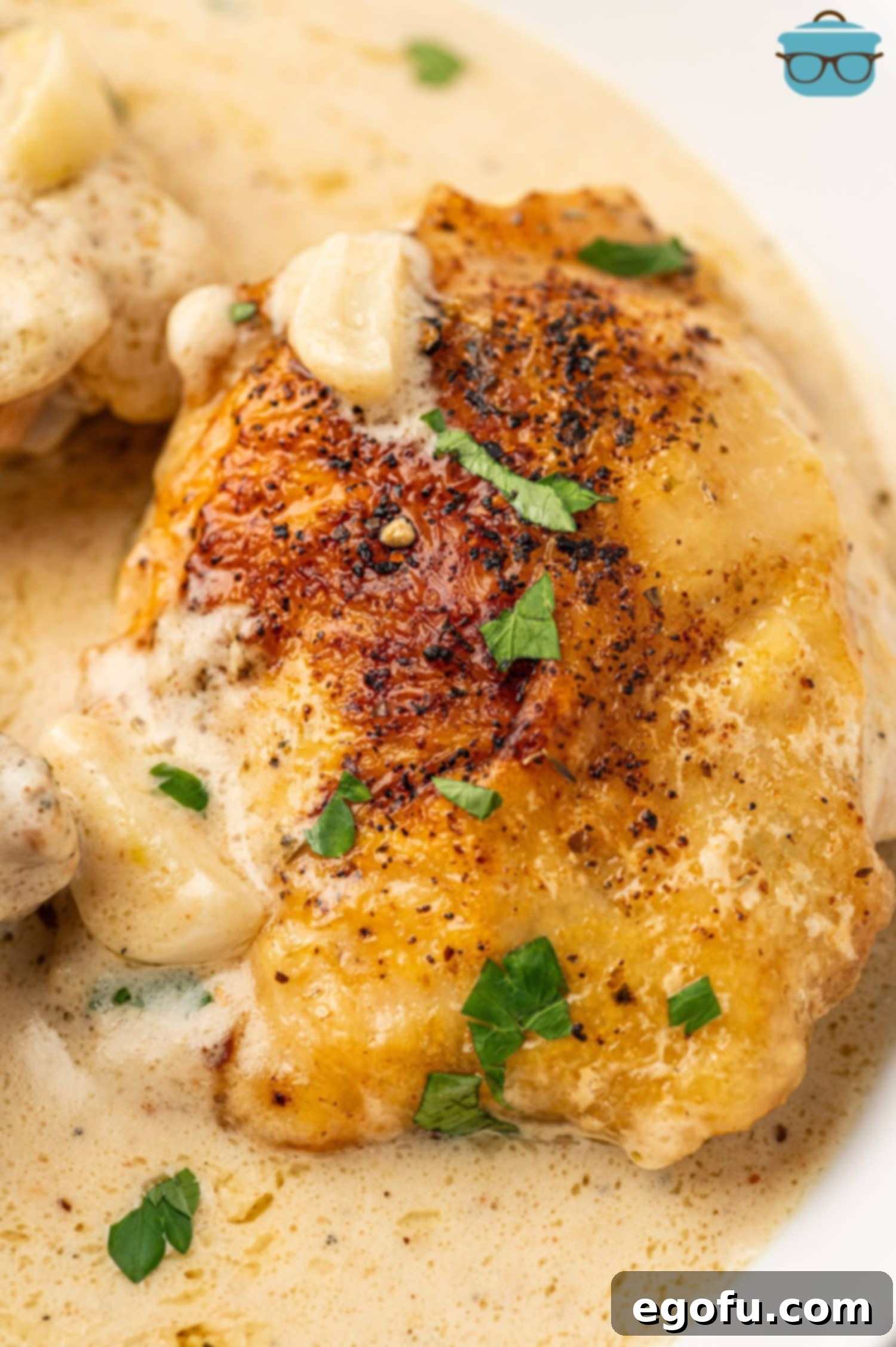 Creamy Garlic Chicken Delight 10 A close-up, overhead view of a perfectly seared piece of Creamy Garlic Chicken, glistening with sauce and topped with fresh parsley.