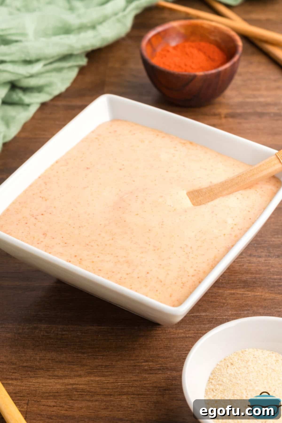 A square container of homemade Yum Yum sauce.