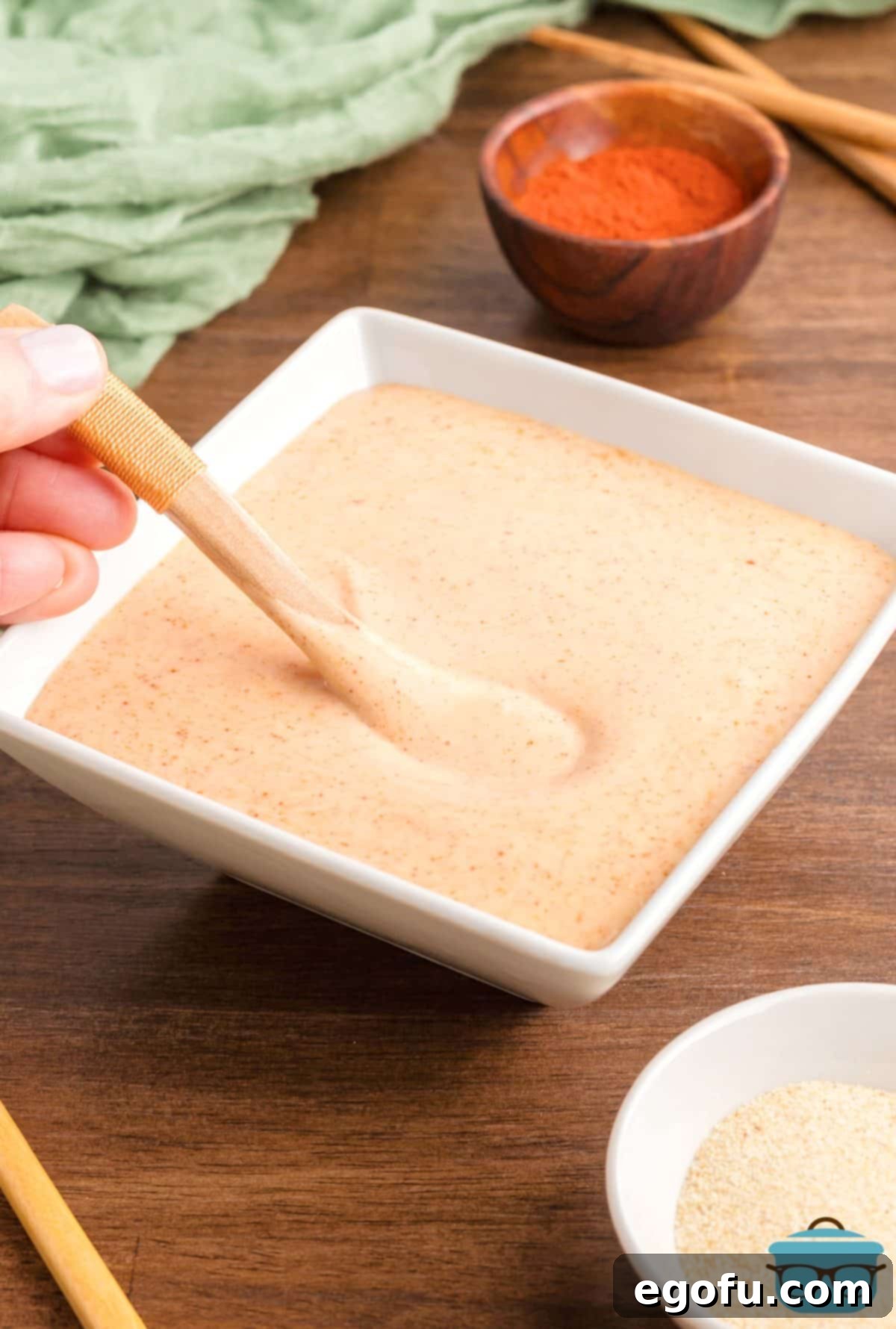 A wooden spoon stirring Yum Yum Sauce.