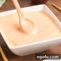 Close up looking at a spoon stirring a small bowl of Yum Yum Sauce.