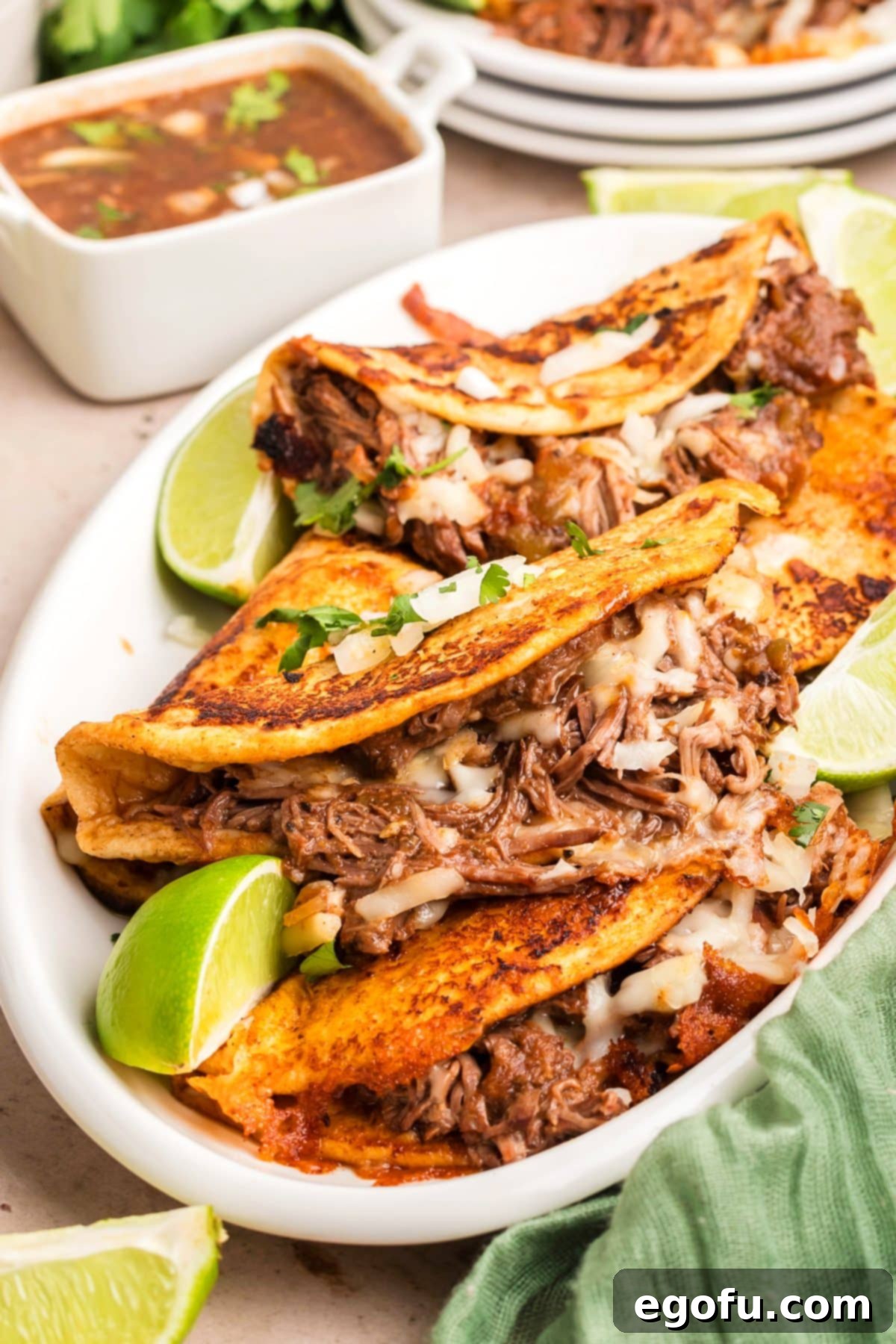A serving platter full of Crock Pot Birria Tacos.
