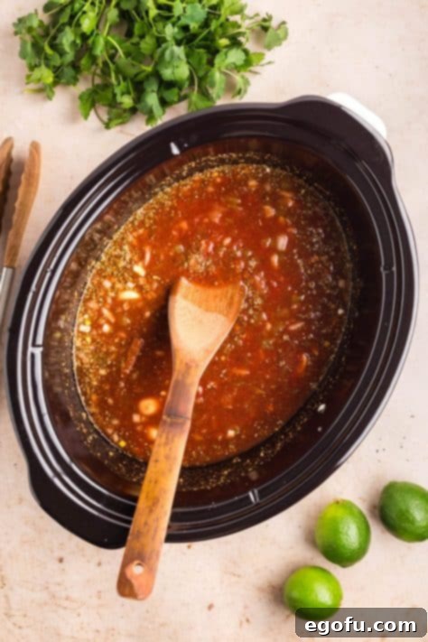 A Crock Pot with beef broth, crushed tomatoes, onion, green chiles, garlic cloves, honey, and dried ingredients mixed together.