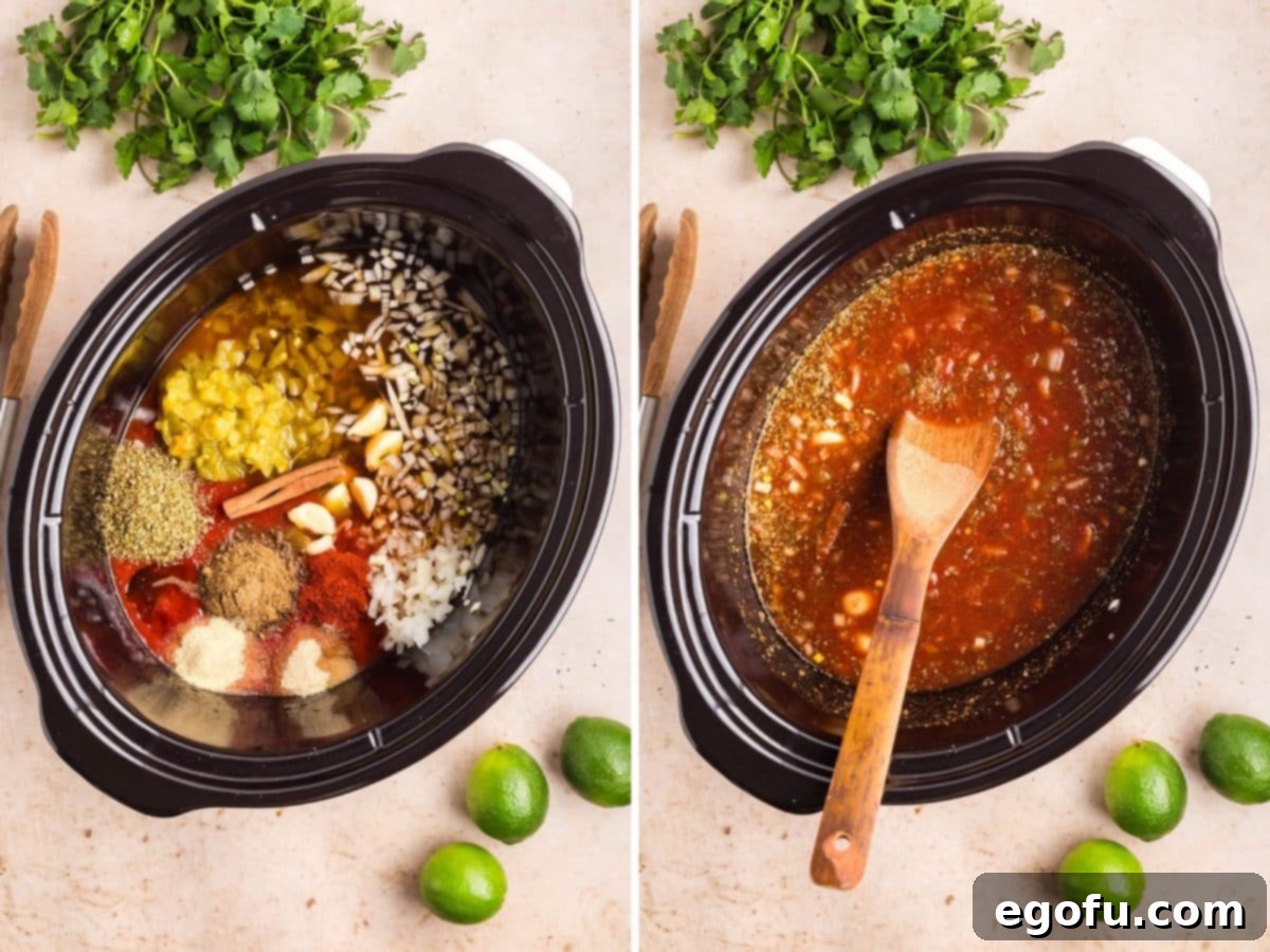 A slow cooker with beef broth, crushed tomatoes, onion, green chiles, garlic cloves, honey, and dried ingredients.
