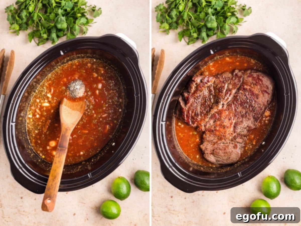 Salt and pepper being added to a a crock pot and the roast being added back in. 