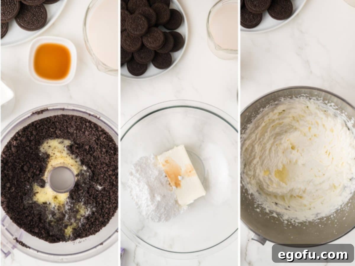 Crushed Oreos and butter mixture, a bowl of cream cheese, sugar, and vanilla being mixed together.