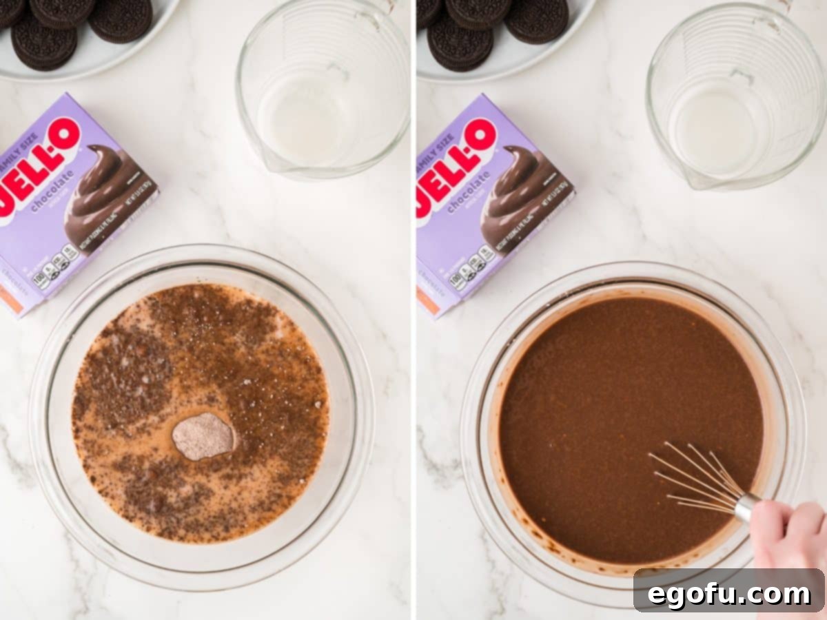 Chocolate pudding being mixed together in a bowl.
