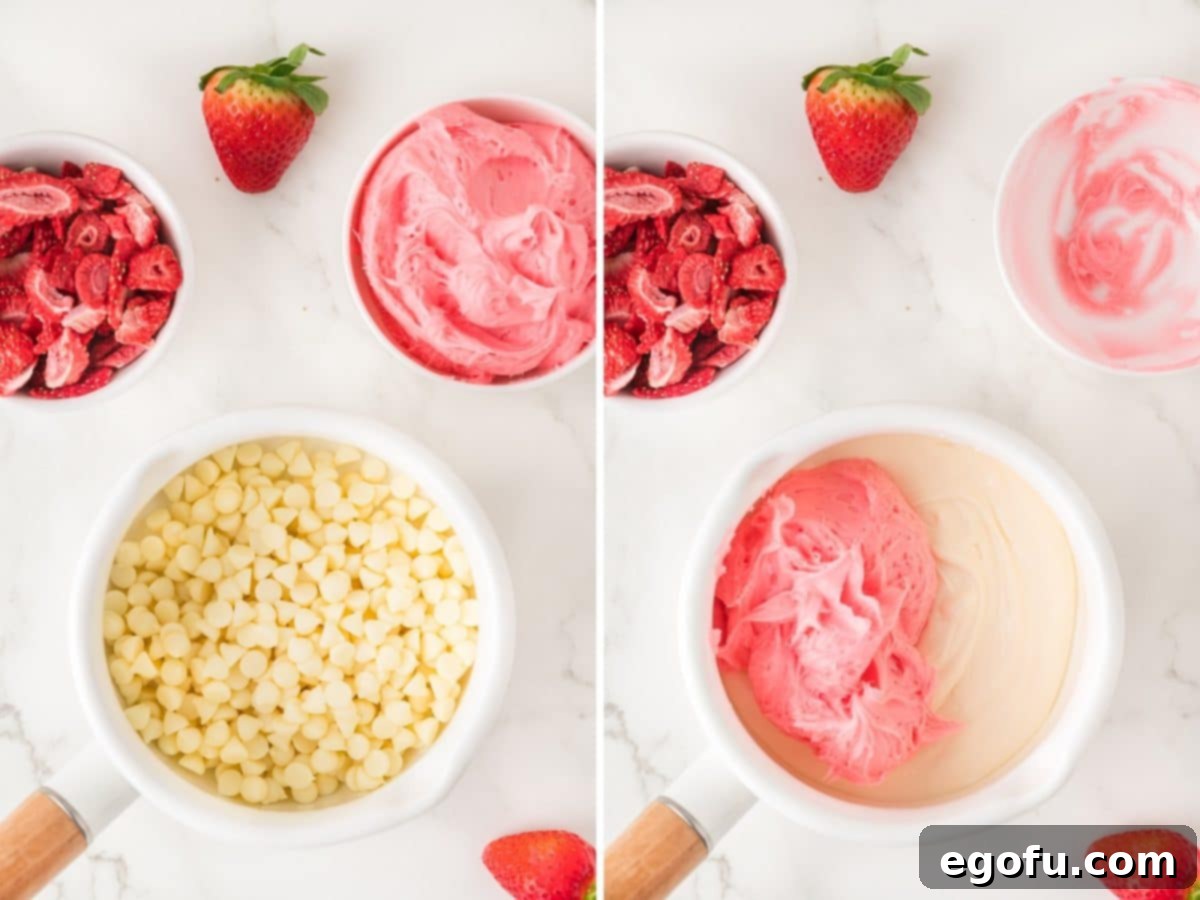 White chocolate chips in a saucepan beginning to melt, and strawberry frosting being added to melted white chocolate chips in a separate image.