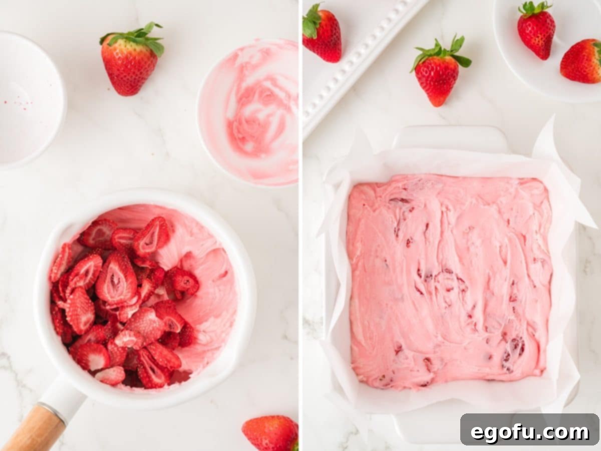 Freeze dried strawberries added to a frosting mixture and the candy mixture poured into a lined baking dish.