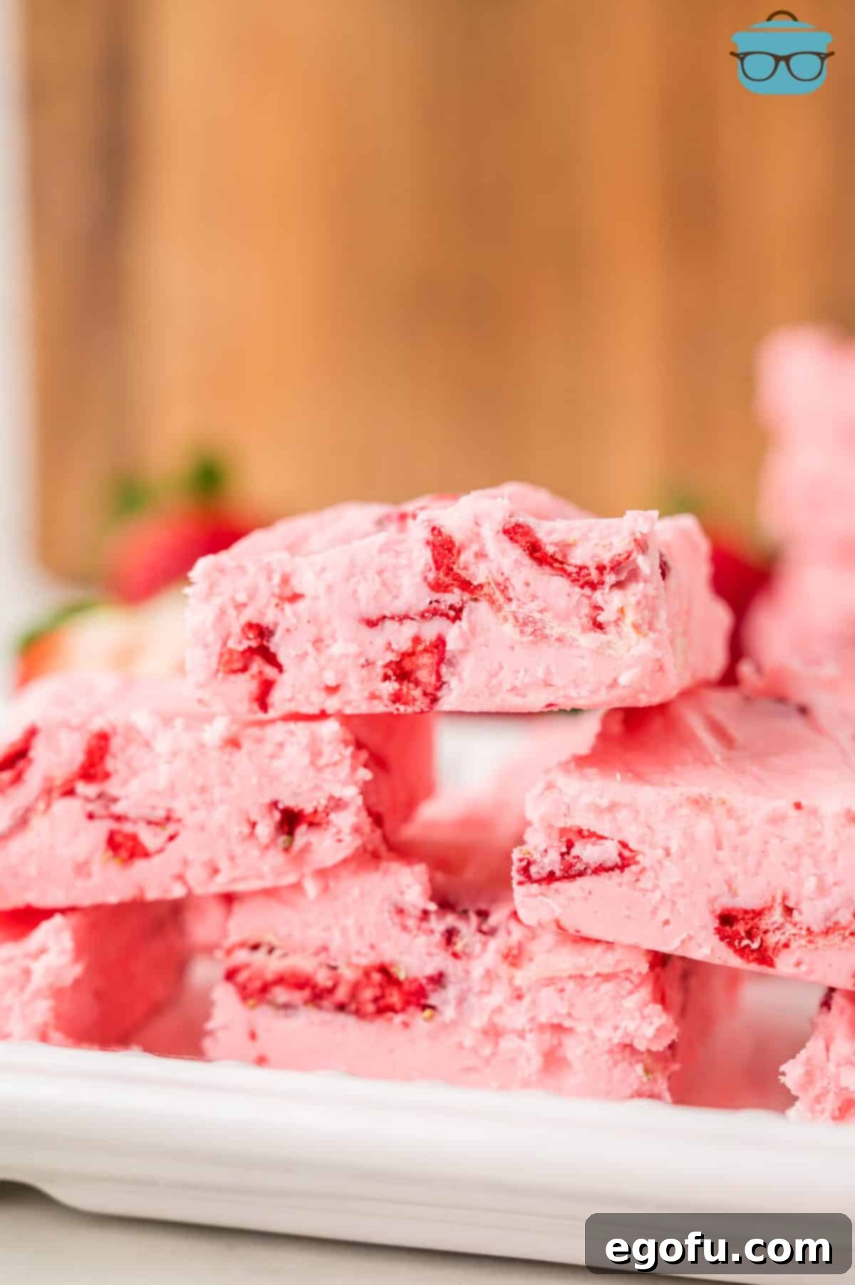 A couple pieces of cut Strawberry Fudge ready to be enjoyed.