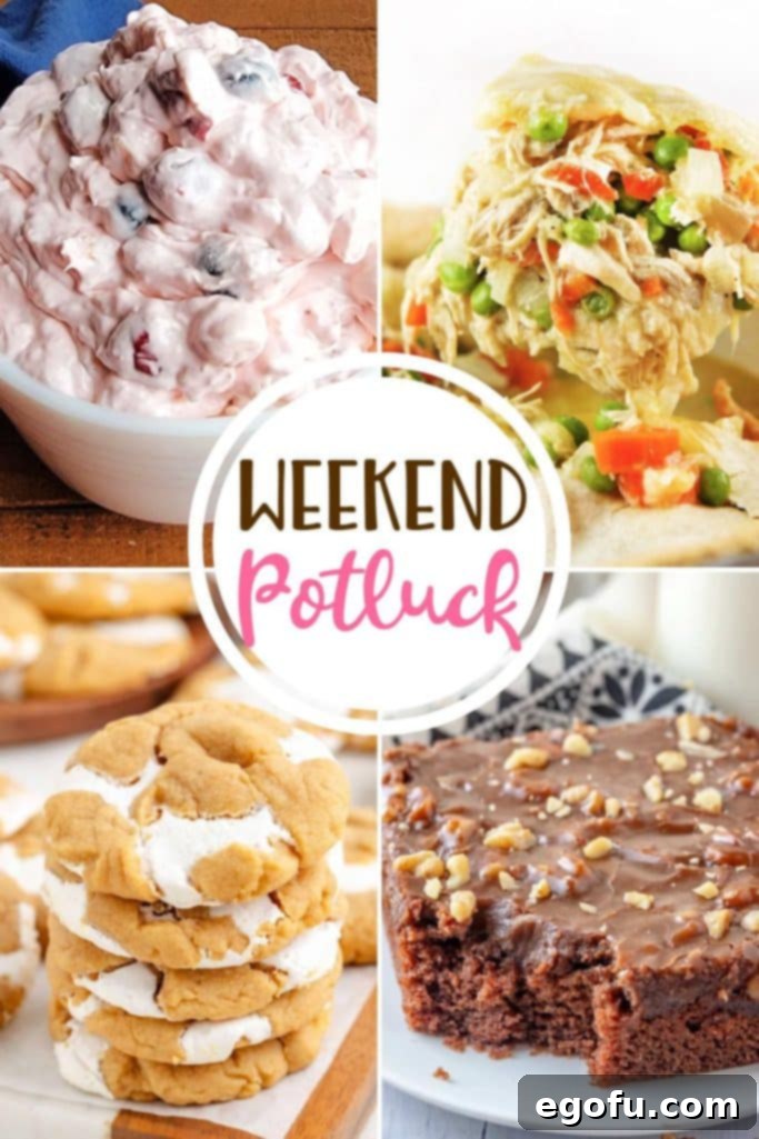 A vibrant collage featuring the most popular Weekend Potluck recipes: Junk Yard Salad, Fluffernutter Cookies, Chicken Pot Pie Casserole, and Texas Sheet Cake. Perfect for illustrating a diverse potluck spread.