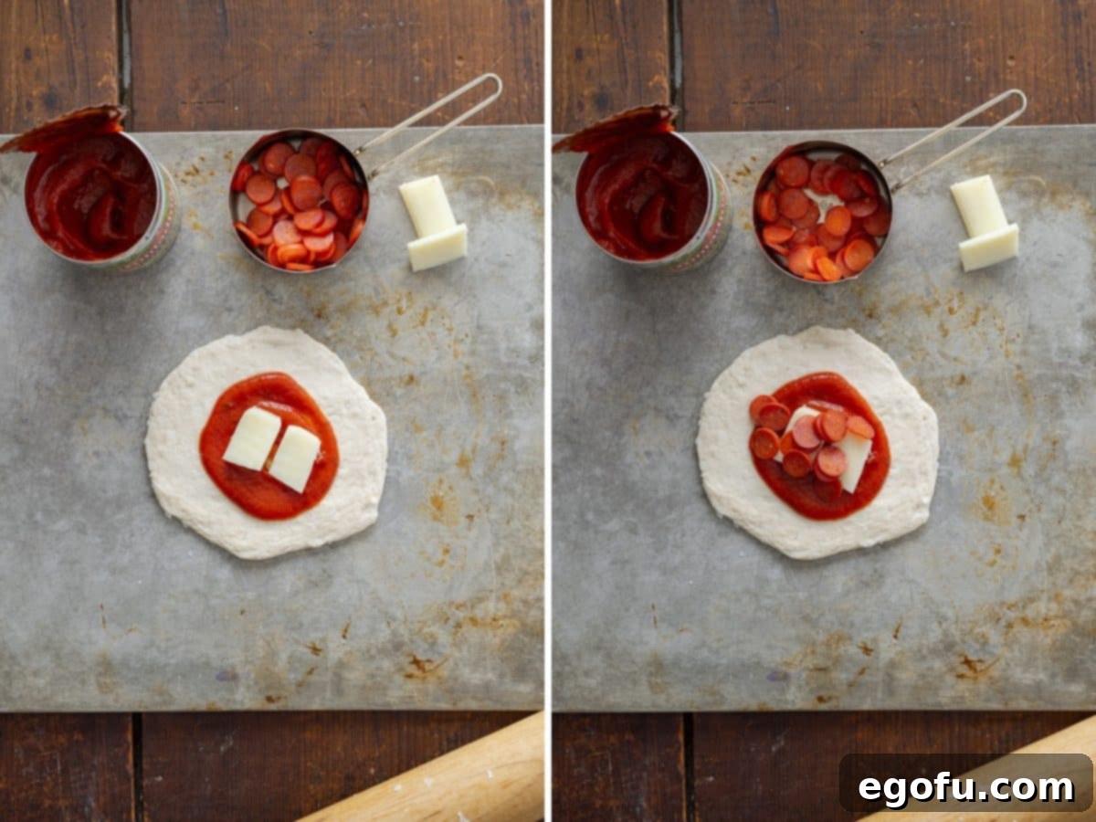 Biscuit dough with pizza sauce, string cheese pieces, and mini pepperoni slices.