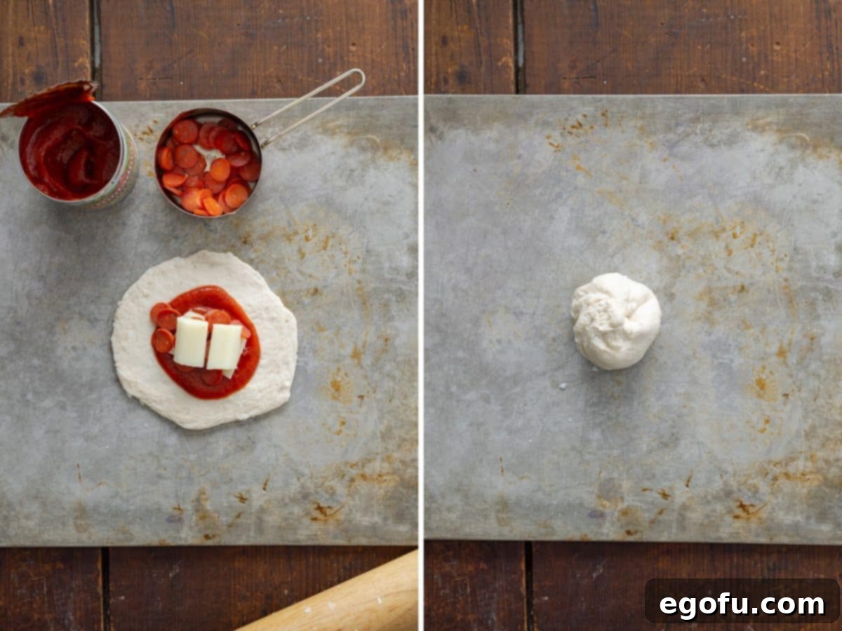 Biscuit dough, pizza sauce, string cheese, and pepperoni all rolled into a sealed ball.