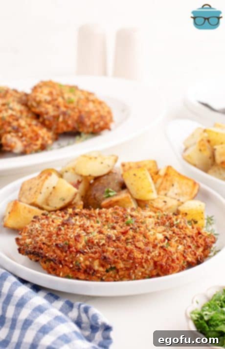 cooked pork chop on a plate with roasted potatoes.