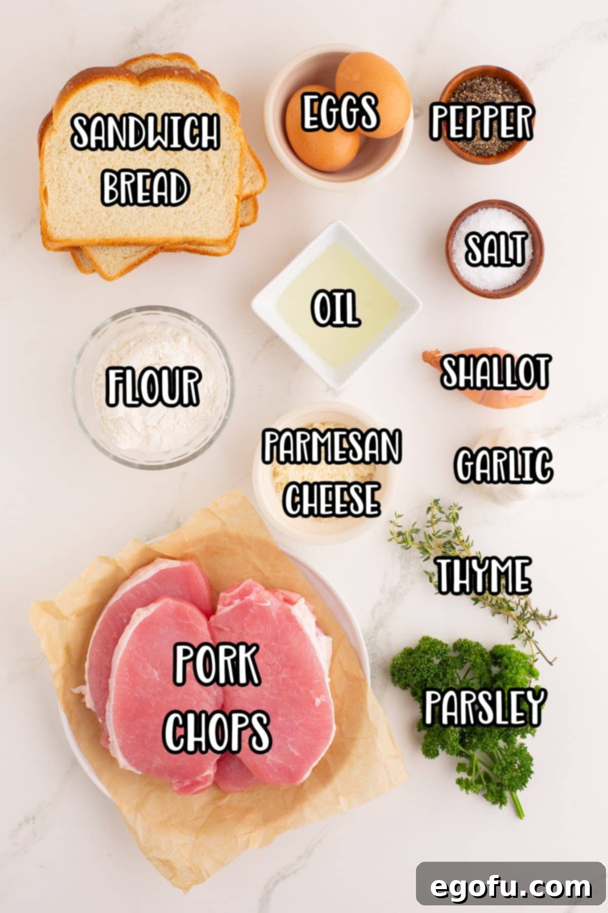 Pork chops, flour, parsley, eggs, Parmesan cheese, salt, shallots, thyme, garlic, sourdough bread, and pepper.