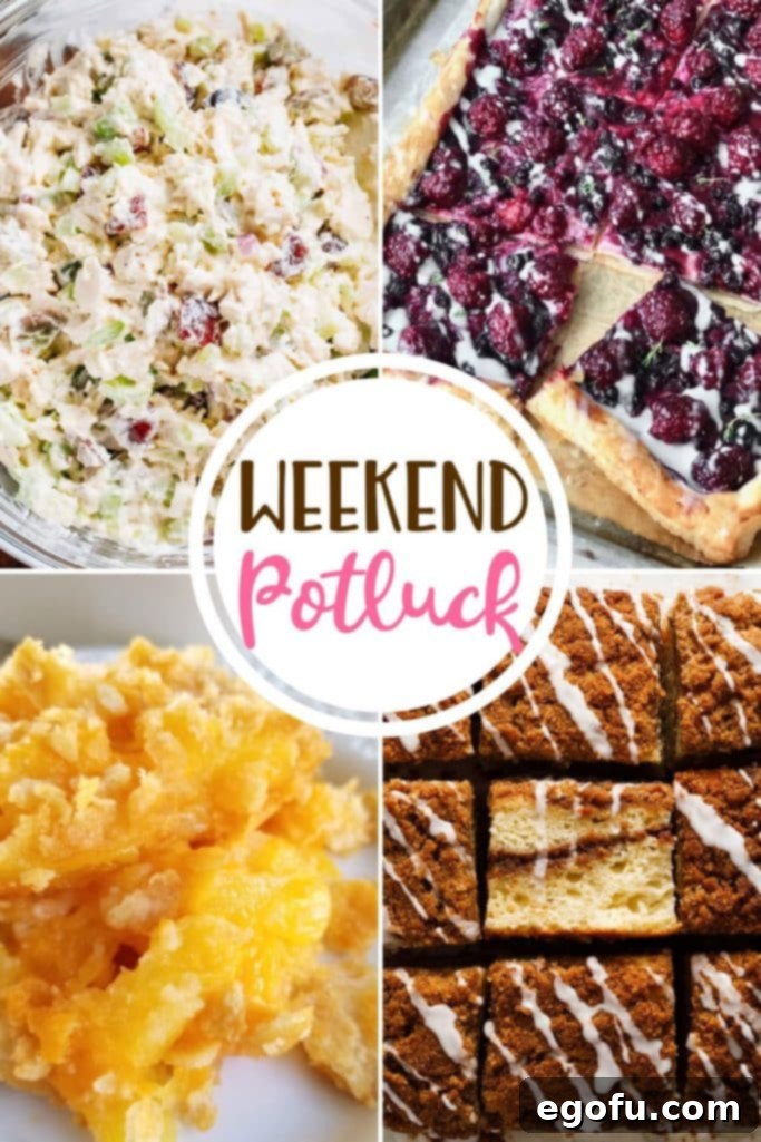 A vibrant collage showcasing the Weekend Potluck's top recipes: a creamy chicken salad, a flaky blackberry cheese danish, a classic coffee cake, and a golden pineapple casserole, perfect for inspiring home cooks.